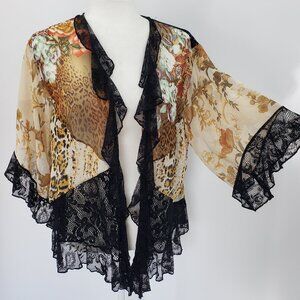 Vintage Spencer Alexis Kimono Topper Size L Tan Black Lace Ruffle Floral Leopard